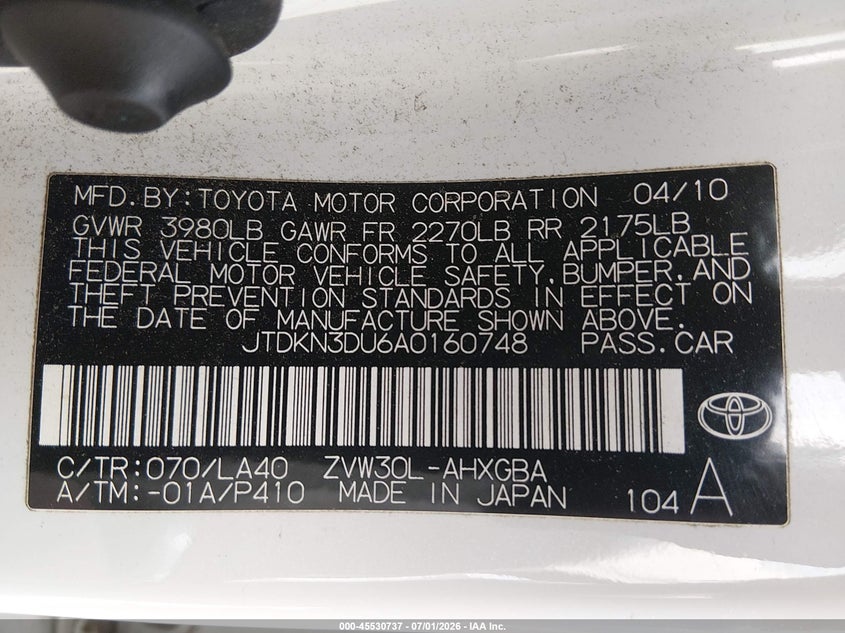 2010 Toyota Prius VIN JTDKN3DU6A0160748 IAAI salvage auction — NORMAL WEAR, Clear - Public Restricted (Oregon), sold $3,800 on 2026-07-06 (photo 9)
