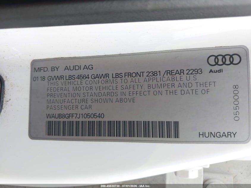 2018 Audi A3 VIN WAUB8GFF7J1050540 IAAI salvage auction — RIGHT SIDE, Salvage (Alabama), sold $2,750 on 2026-08-29 (photo 9)