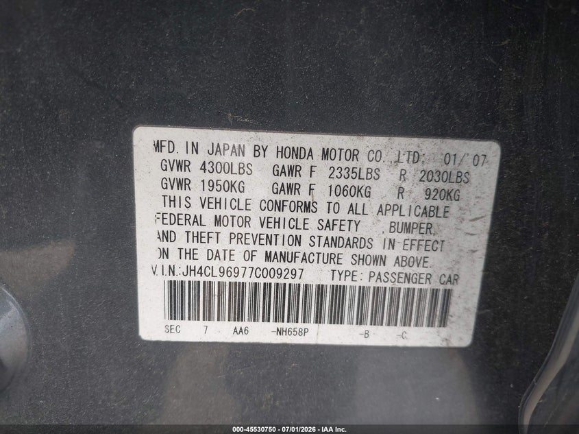 2007 Acura Tsx VIN JH4CL96977C009297 IAAI salvage auction — NORMAL WEAR, Clear - Dealer Only (California), sold $1,200 on 2026-07-15 (photo 9)