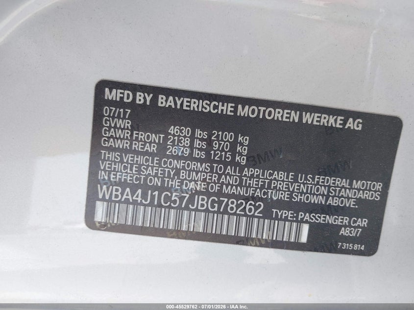 2018 BMW 4er VIN WBA4J1C57JBG78262 IAAI salvage auction — FRONT END, Salvage (California), sold $4,400 on 2026-07-16 (photo 9)
