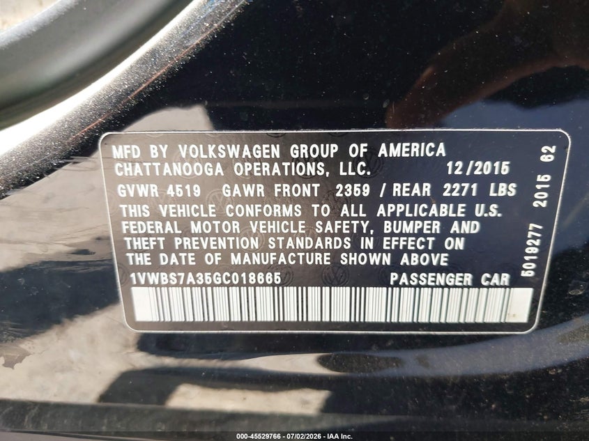 2016 Volkswagen Passat VIN 1VWBS7A35GC018665 IAAI salvage auction — NORMAL WEAR, Original (Texas), sold $1,450 on 2026-07-10 (photo 9)