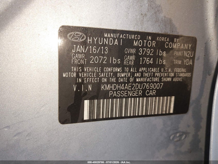 2013 Hyundai Elantra VIN KMHDH4AE2DU769007 IAAI salvage auction — NORMAL WEAR, Clear (Texas), sold $625 on 2026-07-30 (photo 9)