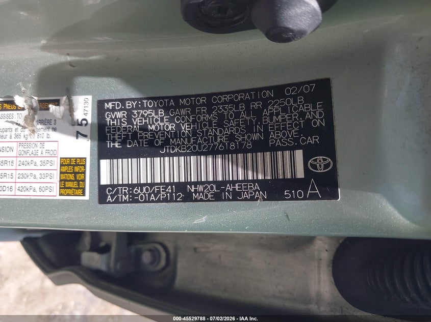 2007 Toyota Prius VIN JTDKB20U277618178 IAAI salvage auction — NORMAL WEAR, Original (Texas), sold $325 on 2026-07-29 (photo 9)