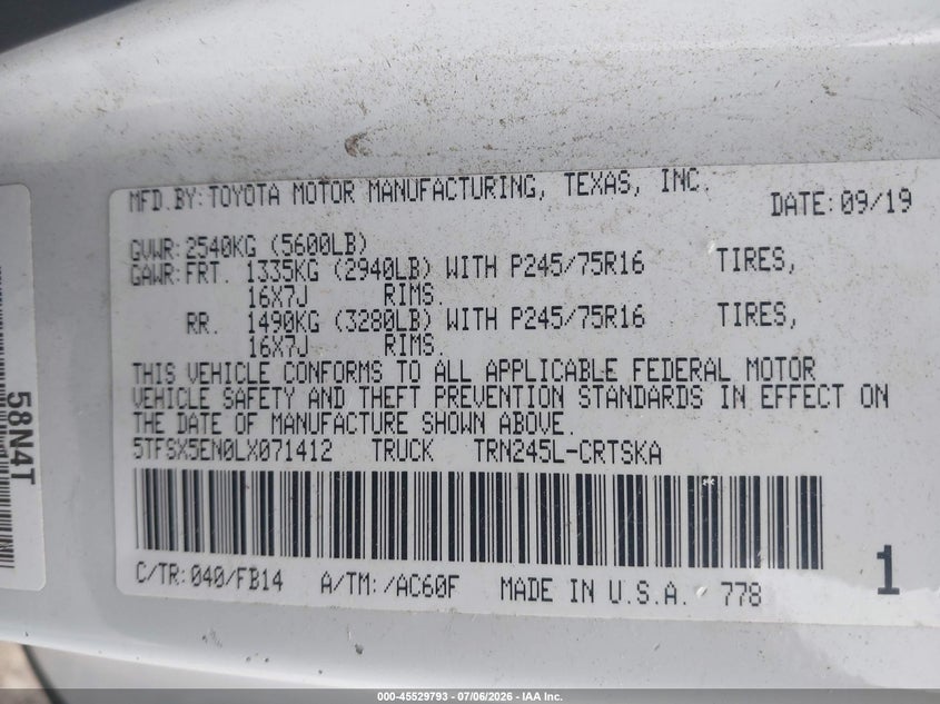 2020 Toyota Tacoma VIN 5TFSX5EN0LX071412 IAAI salvage auction — FRONT END, Salvage (Massachusetts), sold $3,300 on 2026-07-29 (photo 9)