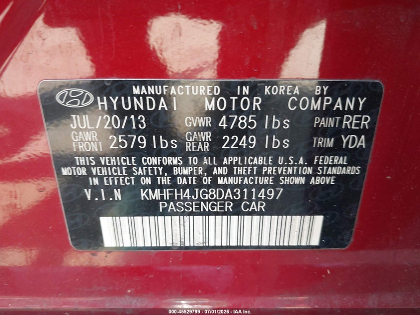 2013 Hyundai Azera VIN KMHFH4JG8DA311497 IAAI salvage auction — NORMAL WEAR, Clear (Virginia), sold $1,100 on 2026-07-29 (photo 9)