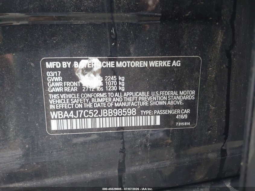 2018 BMW 4er VIN WBA4J7C52JBB98598 IAAI salvage auction — ENGINE DAMAGE, Salvage (Massachusetts), sold $7,300 on 2026-08-28 (photo 9)