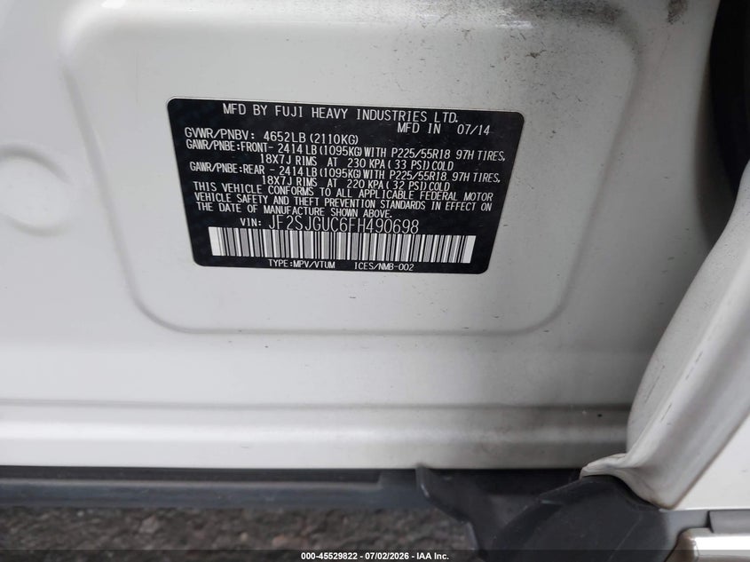 2015 Subaru Forester VIN JF2SJGUC6FH490698 IAAI salvage auction — FRONT END, Salvage Certificate (California), sold $1,550 on 2026-07-10 (photo 9)