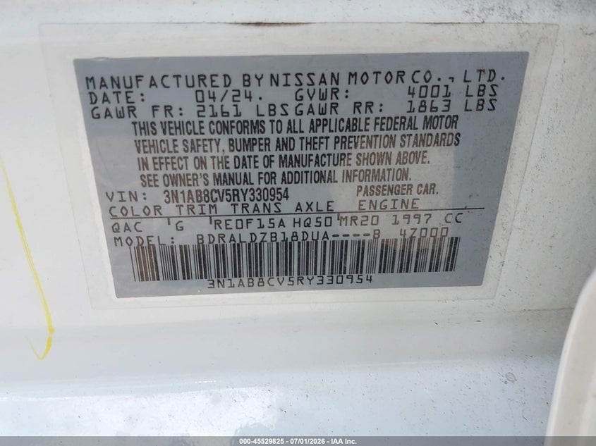 2024 Nissan Sentra VIN 3N1AB8CV5RY330954 IAAI salvage auction — TRANSMISSION, Enterprise Vehicles Clear Only (South Carolina), sold $10,200 on 2026-07-30 (photo 9)