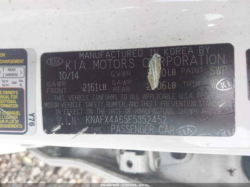 2015 Kia Forte VIN KNAFX4A65F5352452 IAAI salvage auction — FRONT END, Salvage (Alabama), sold $775 on 2026-07-28 (photo 9)