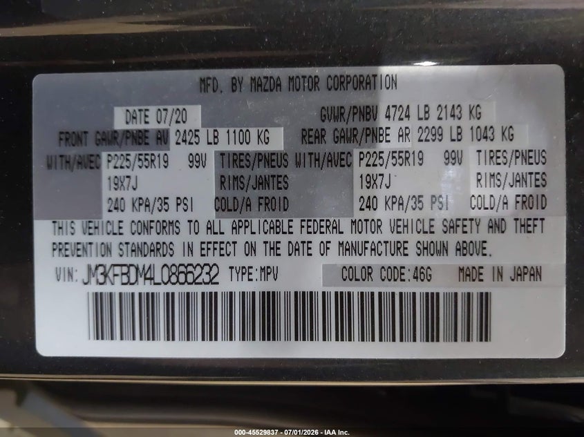 2020 Mazda Cx-5 VIN JM3KFBDM4L0866232 IAAI salvage auction — FRONT END, Salvage Title, sold $6,500 on 2026-07-23 (photo 9)