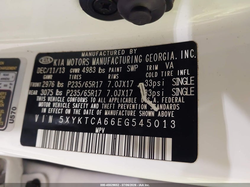 2014 Kia Sorento VIN 5XYKTCA66EG545013 IAAI salvage auction — FRONT END, Mv-907A (New York), sold $450 on 2026-07-22 (photo 9)