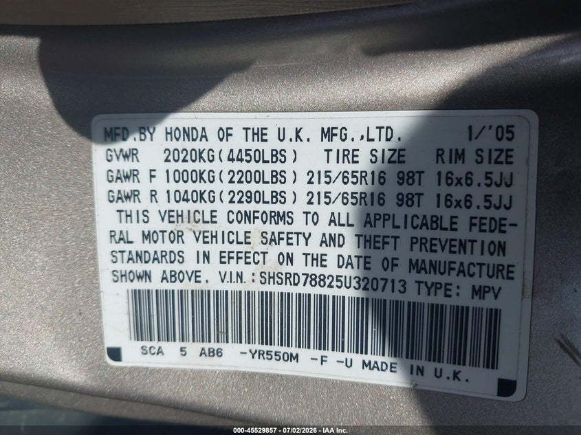 2005 Honda Cr-v VIN SHSRD78825U320713 IAAI salvage auction — FRONT & REAR, Clear (Massachusetts), sold $400 on 2026-07-17 (photo 9)
