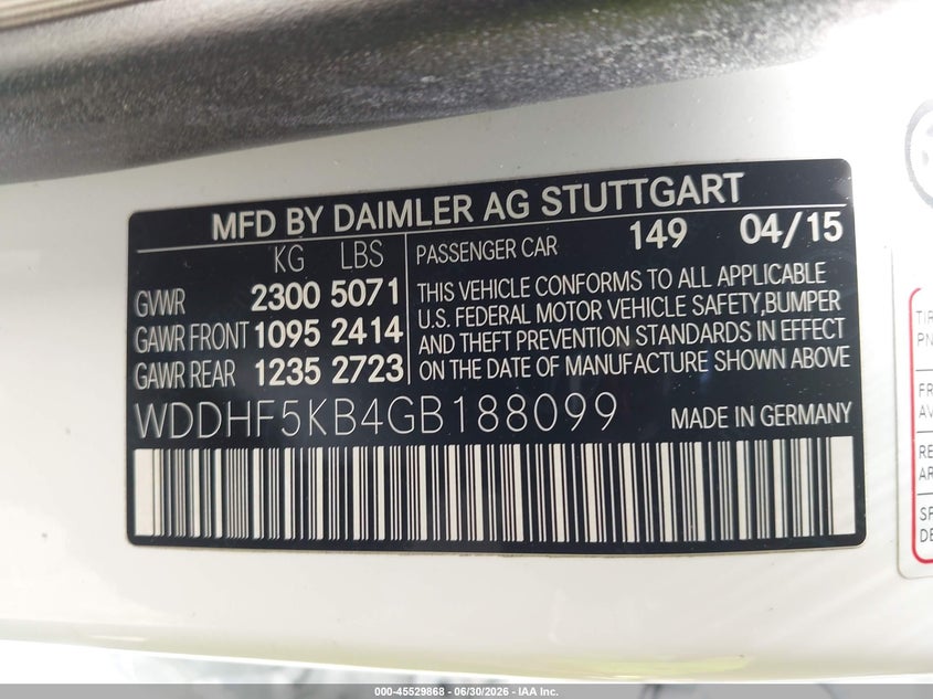 2016 Mercedes-benz VIN WDDHF5KB4GB188099 IAAI salvage auction — FRONT END, Salvage Title, sold $3,550 on 2026-08-14 (photo 9)