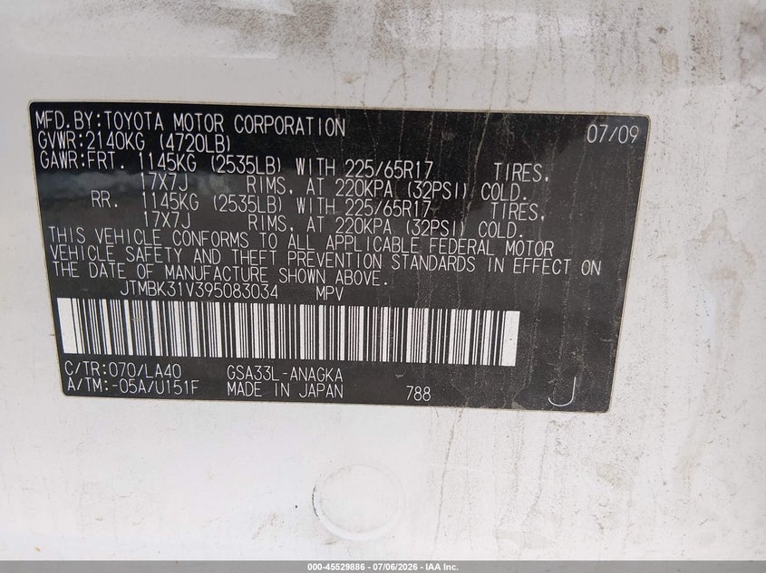 2009 Toyota Rav4 VIN JTMBK31V395083034 IAAI salvage auction — NORMAL WEAR, Clear (Montana), sold $725 on 2026-07-08 (photo 9)