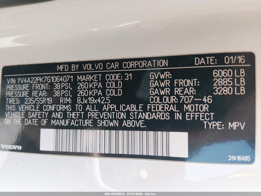 2016 Volvo Xc90 VIN YV4A22PK7G1064071 IAAI salvage auction — NORMAL WEAR, Clear (Washington), sold $3,100 on 2026-07-29 (photo 9)