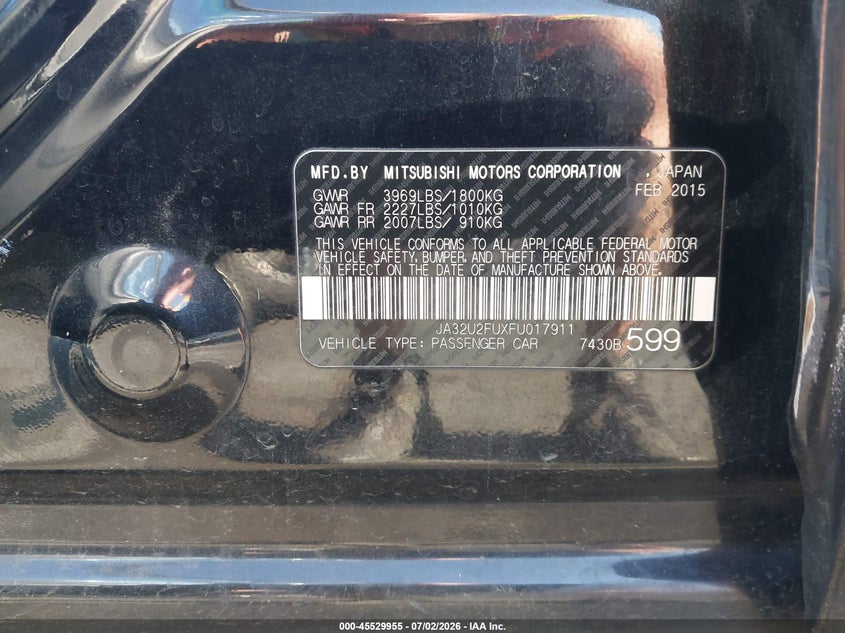 2015 Mitsubishi Lancer VIN JA32U2FUXFU017911 IAAI salvage auction — NORMAL WEAR, Clear (North Carolina), sold $850 on 2026-07-23 (photo 9)