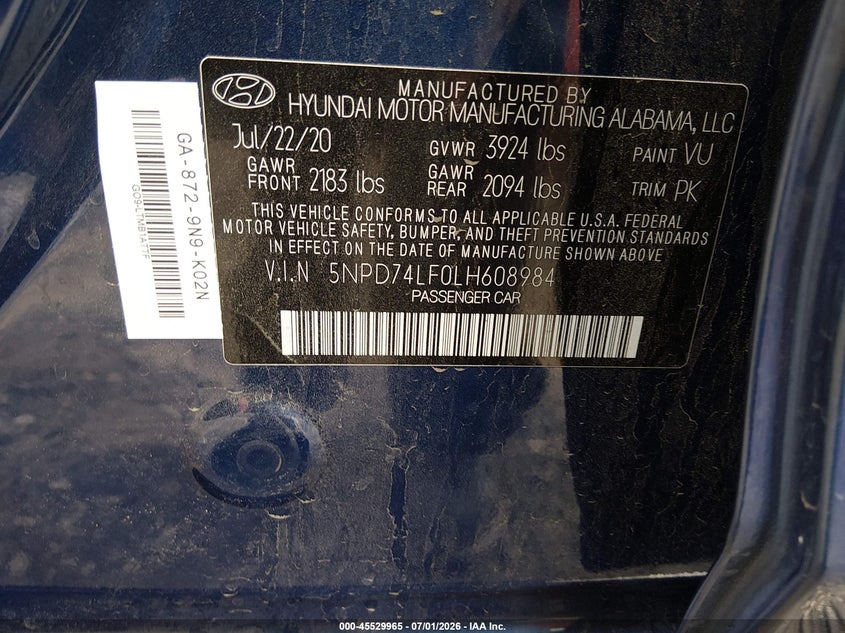 2020 Hyundai Elantra VIN 5NPD74LF0LH608984 IAAI salvage auction — RIGHT SIDE, SF97 (California), sold $11,350 on 2026-08-25 (photo 9)