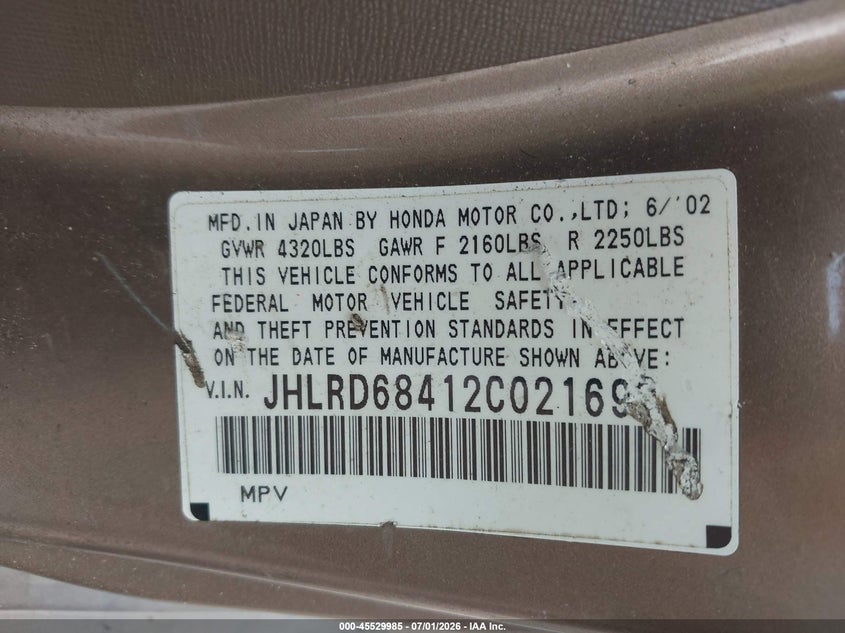 2002 Honda Cr-v VIN JHLRD68412C021692 IAAI salvage auction — NORMAL WEAR, Clear, sold $275 on 2026-07-23 (photo 9)