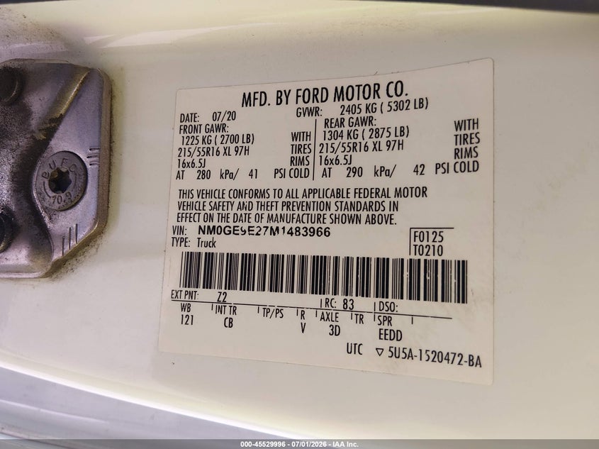 2021 Ford Transit connect VIN NM0GE9E27M1483966 IAAI salvage auction — NORMAL WEAR, Sf97 (Maryland), sold $14,075 on 2026-08-18 (photo 9)