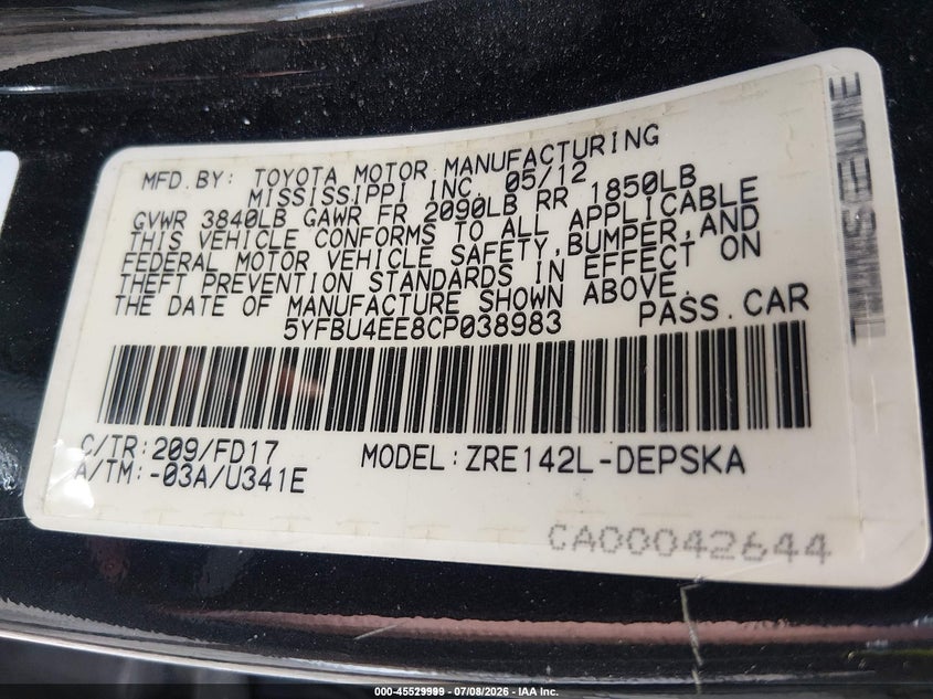 2012 Toyota Corolla VIN 5YFBU4EE8CP038983 IAAI salvage auction — NORMAL WEAR, Clear (Tennessee), sold $2,850 on 2026-07-16 (photo 9)