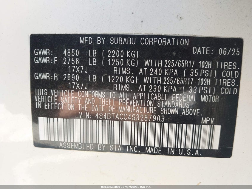 2025 Subaru Outback VIN 4S4BTACC4S3287903 IAAI salvage auction — FRONT END, Salvage Title, sold $8,200 on 2026-07-30 (photo 9)