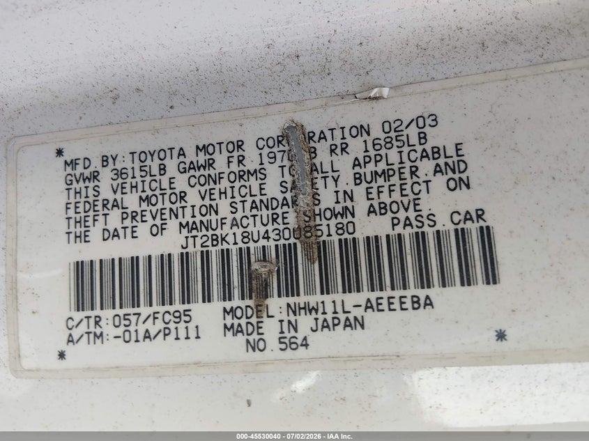 2003 Toyota Prius VIN JT2BK18U430085180 IAAI salvage auction — NORMAL WEAR, Original (Texas), sold $275 on 2026-07-29 (photo 9)