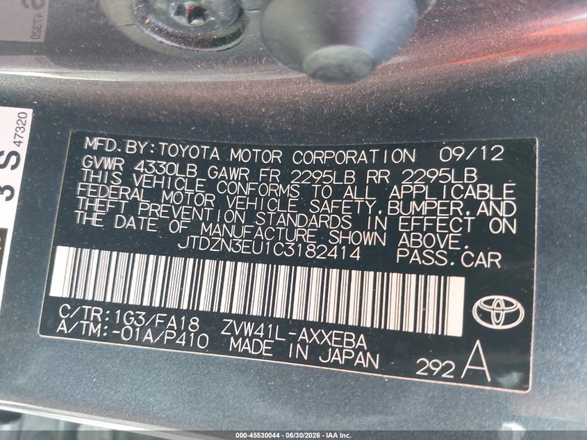 2012 Toyota Prius v VIN JTDZN3EU1C3182414 IAAI salvage auction — NORMAL WEAR, Clear (Virginia), sold $825 on 2026-07-29 (photo 9)