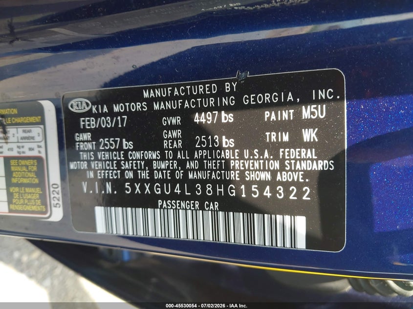 2017 Kia Optima VIN 5XXGU4L38HG154322 IAAI salvage auction — FRONT END, Junk Bill Of Sale Mv2459 (Wisconsin), sold $425 on 2026-07-30 (photo 9)