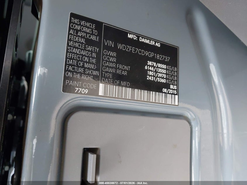 2016 Mercedes-benz Sprinter VIN WDZFE7CD9GP182737 IAAI salvage auction — LEFT FRONT, Salvage (California), sold $7,500 on 2026-08-05 (photo 9)