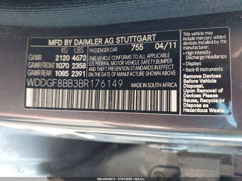 2011 Mercedes-benz C class VIN WDDGF8BB3BR176149 IAAI salvage auction — TOTAL BURN, Bill Of Sale Destruction Only - Salvage (Ohio), sold $100 on 2026-07-23 (photo 9)