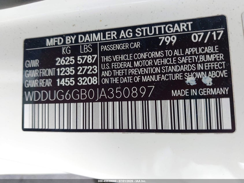2018 Mercedes-benz VIN WDDUG6GB0JA350897 IAAI salvage auction — RIGHT FRONT, Rebuildable (Florida), sold $25 on 2026-07-29 (photo 9)