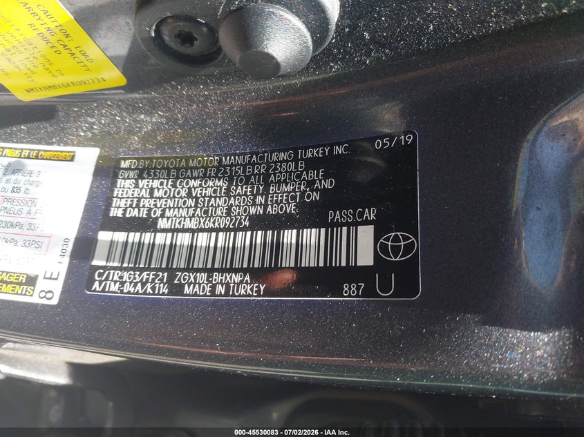 2019 Toyota C-hr VIN NMTKHMBX6KR092734 IAAI salvage auction — FRONT END, Salvage Title, sold $4,350 on 2026-07-29 (photo 9)