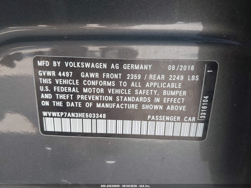 2017 Volkswagen Passat cc VIN WVWKP7AN3HE503348 IAAI salvage auction — NORMAL WEAR, Clear-Dealer Only (Maryland), sold $1,475 on 2026-07-30 (photo 9)