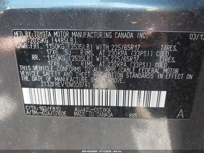 2013 Toyota Rav 4 VIN 2T3ZFREV1DW009743 IAAI salvage auction — NORMAL WEAR, Clear (Illinois), sold $4,525 on 2026-08-01 (photo 9)