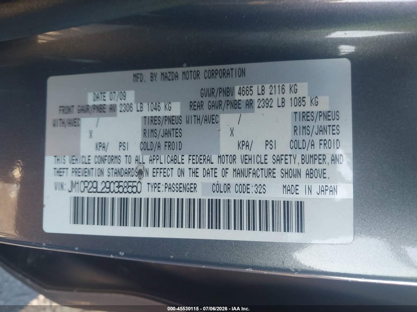 2009 Mazda 5 VIN JM1CR29L290358550 IAAI salvage auction — LEFT SIDE, Salvage Certificate (California), sold $25 on 2026-07-24 (photo 9)