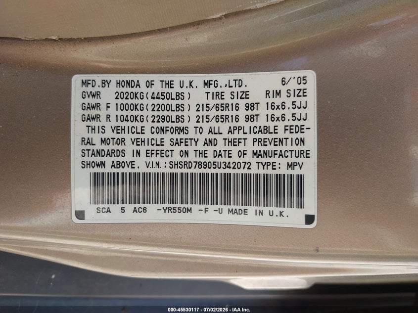 2005 Honda Cr-v VIN SHSRD78905U342072 IAAI salvage auction — NORMAL WEAR, Clear (Virginia), sold $1,200 on 2026-07-07 (photo 9)