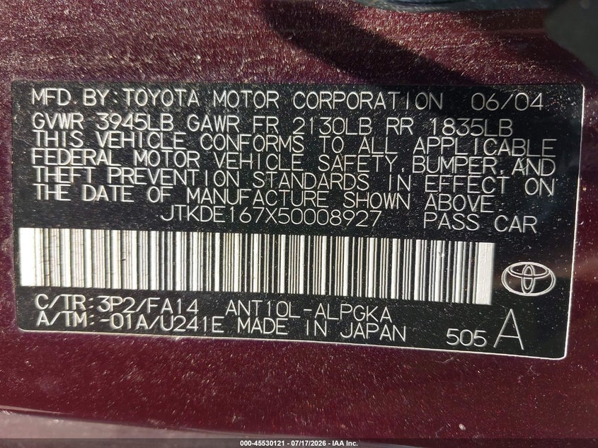 2005 Scion Tc VIN JTKDE167X50008927 IAAI salvage auction — FRONT END, Junk Bill Of Sale Mv2459 (Wisconsin), sold $25 on 2026-07-23 (photo 9)