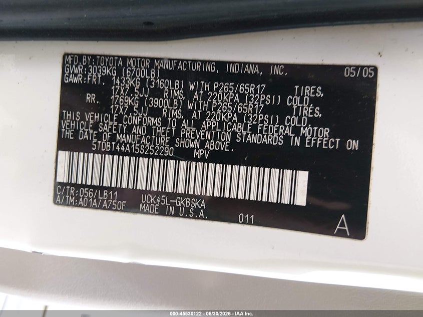 2005 Toyota Sequoia VIN 5TDBT44A15S252290 IAAI salvage auction — NORMAL WEAR, Peddle Clear Public-Restricted (Oregon), sold $400 on 2026-07-29 (photo 9)