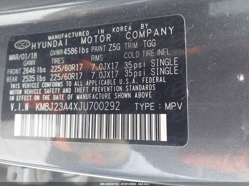 2018 Hyundai Tucson VIN KM8J23A4XJU700292 IAAI salvage auction — FRONT END, Salvage (California), sold $3,050 on 2026-07-09 (photo 9)