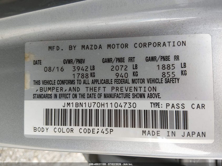 2017 Mazda 3 VIN JM1BN1U70H1104730 IAAI salvage auction — FRONT END, Salvage (California), sold $1,650 on 2026-07-28 (photo 9)