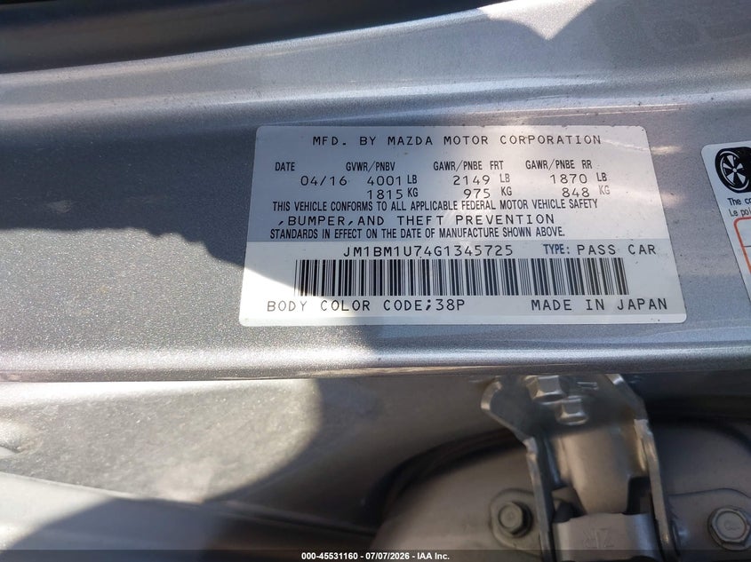 2016 Mazda 3 VIN JM1BM1U74G1345725 IAAI salvage auction — REAR END, Bill Of Sale (Washington), sold $3,250 on 2026-07-19 (photo 9)