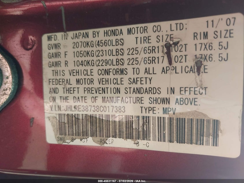 2008 Honda Cr-v VIN JHLRE38738C017383 IAAI salvage auction — NORMAL WEAR, Clear (New York), sold $1,100 on 2026-07-21 (photo 9)