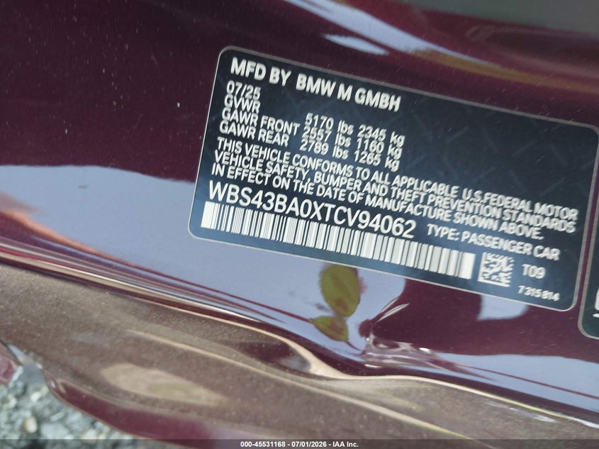2026 BMW M4 VIN WBS43BA0XTCV94062 IAAI salvage auction — SIDE, Mv-907A (New York), sold $40,200 on 2026-07-07 (photo 9)