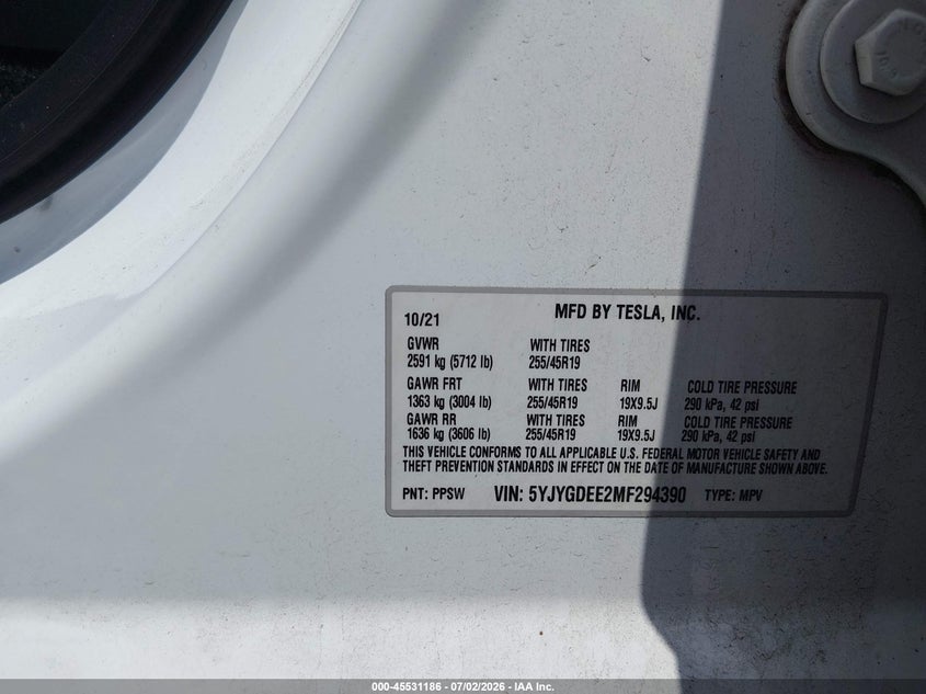 2021 Tesla Model y VIN 5YJYGDEE2MF294390 IAAI salvage auction — FRONT END, Salvage (Tennessee), sold $9,600 on 2026-07-30 (photo 9)