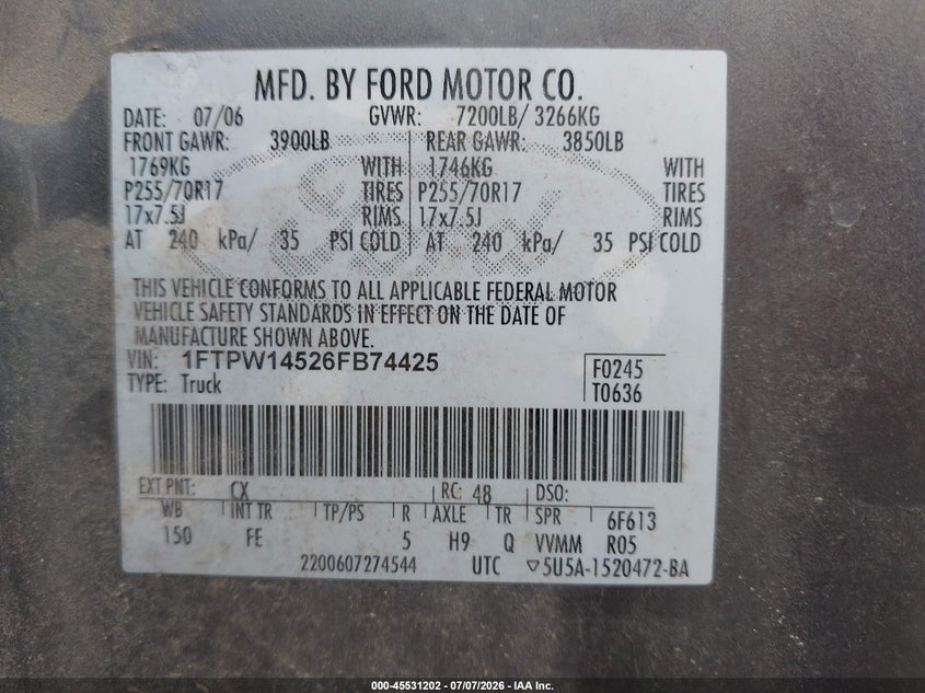 2006 Ford F-150 VIN 1FTPW14526FB74425 IAAI salvage auction — FRONT END, Clear (Michigan), sold $625 on 2026-08-01 (photo 9)