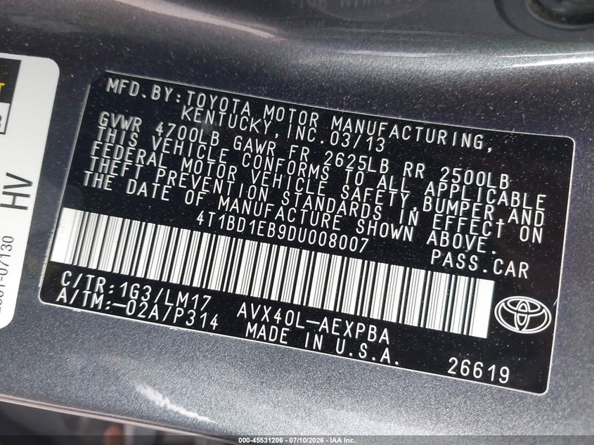 2013 Toyota Avalon VIN 4T1BD1EB9DU008007 IAAI salvage auction — FRONT END, Salvage Title, sold $2,450 on 2026-07-24 (photo 9)