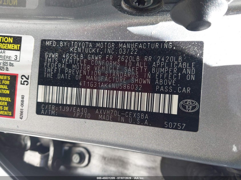 2022 Toyota Camry VIN 4T1G31AK4NU586032 IAAI salvage auction — REAR END, Salvage (California), sold $7,500 on 2026-07-30 (photo 9)
