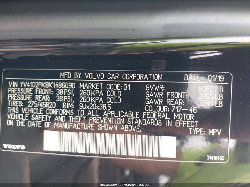 2019 Volvo Xc90 VIN YV4102PK8K1486090 IAAI salvage auction — SIDE, Salvage (Massachusetts), sold $6,900 on 2026-08-09 (photo 9)