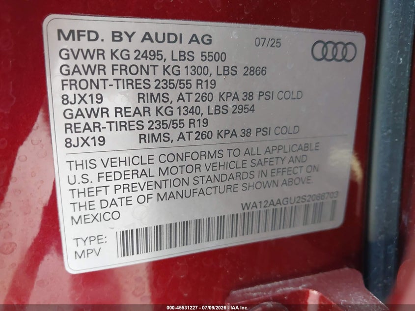 2025 Audi Q5 VIN WA12AAGU2S2066703 IAAI salvage auction — LEFT FRONT, Rebuildable (Florida), sold $13,200 on 2026-07-28 (photo 9)