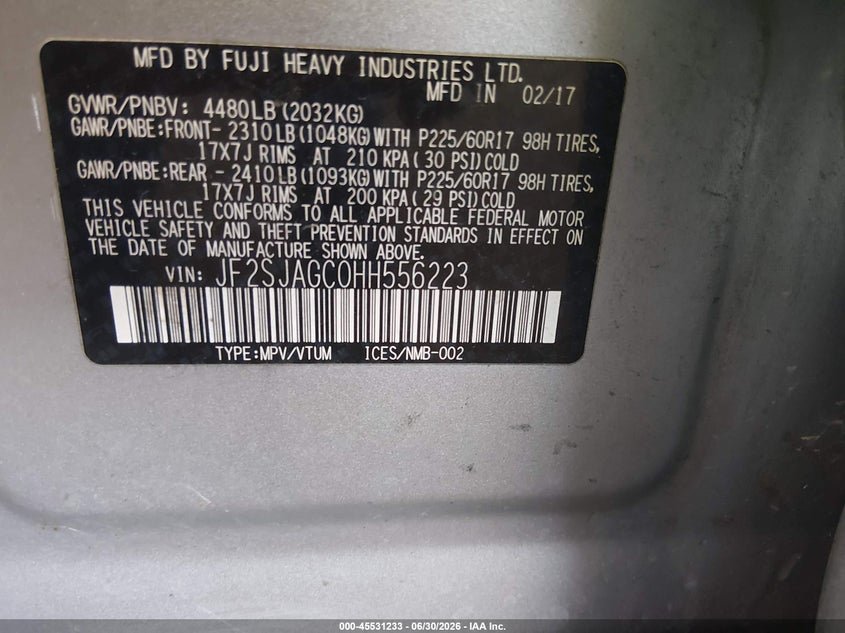 2017 Subaru Forester VIN JF2SJAGC0HH556223 IAAI salvage auction — NORMAL WEAR, Clear-Dealer Only (Arizona), sold $1,600 on 2026-07-28 (photo 9)